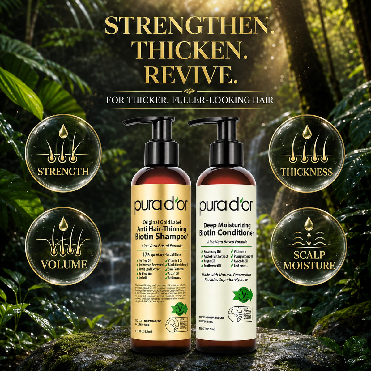 PURA D'OR Gold Label Anti-Thinning Biotin Shampoo & Conditioner, 16oz x2