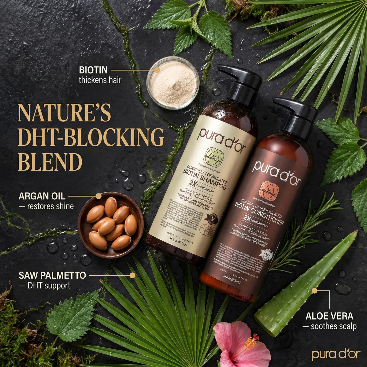 PURA D'OR Gold Label Anti-Thinning Biotin Shampoo & Conditioner, 16oz x2