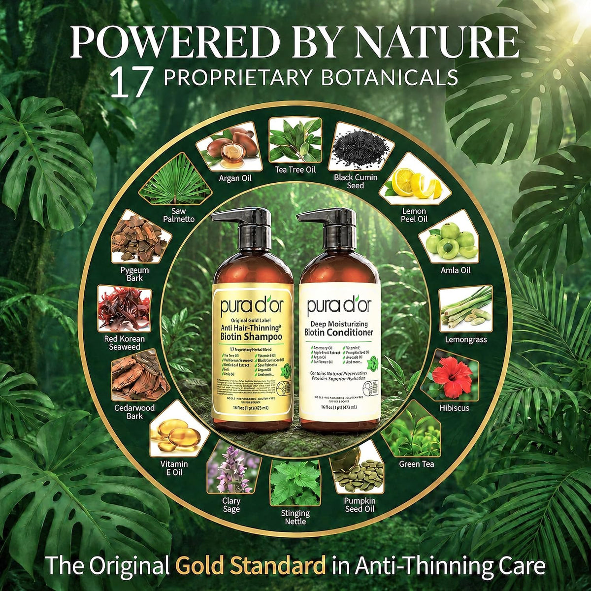 PURA D'OR Gold Label Anti-Thinning Biotin Shampoo & Conditioner, 16oz x2