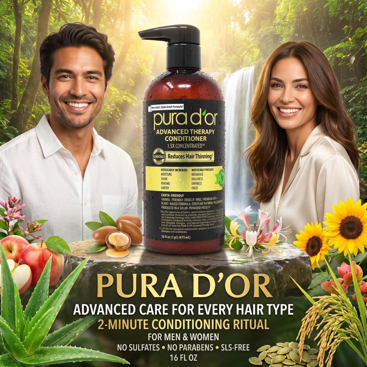 PURA D'OR Gold Label Anti-Thinning Biotin Shampoo & Conditioner, 16oz x2
